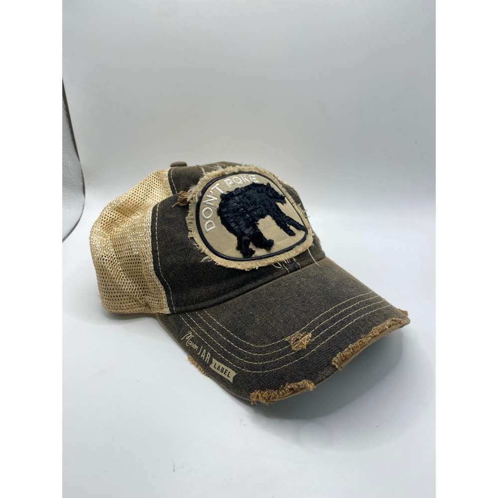 Mason Jar Label Dont Poke Bear Trucker Hat Distressed Brown Snapback Mesh Cap